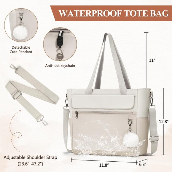 Women Gray With White Multi-Pocket Waterproof Canvas Tote Bags with Zipper - Picture 2 of 6